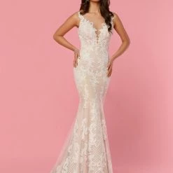 Mermaid Dresses Davinci Bridal 50445 Embellished Lace Mermaid Wedding Dress Plunging Sheer Neckline