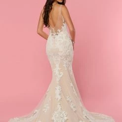 Mermaid Dresses Davinci Bridal 50445 Embellished Lace Mermaid Wedding Dress Plunging Sheer Neckline