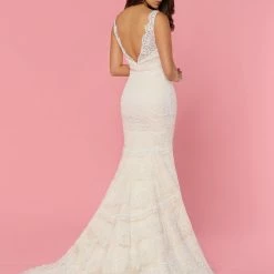 Davinci Bridal 50447 Fitted Lace Mermaid Wedding Dress Sheer Eyelash Lace Strap V Neck Open Back