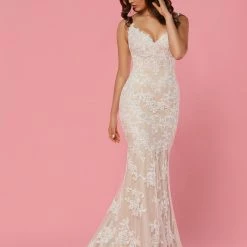 Davinci Bridal 50449 Long Fitted Lace Mermaid Wedding Dress V Neck Open V Back Train Mermaid Dresses