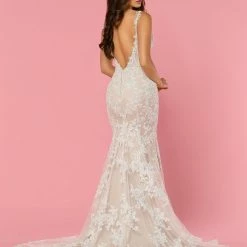 Davinci Bridal 50449 Long Fitted Lace Mermaid Wedding Dress V Neck Open V Back Train Mermaid Dresses