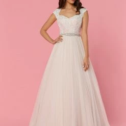 Ballgown Dresses Davinci Bridal 50456 Lace Tulle Wedding Dress Crystal Belt Ballgown SheerCap Sleeve