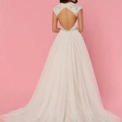 Ballgown Dresses Davinci Bridal 50456 Lace Tulle Wedding Dress Crystal Belt Ballgown SheerCap Sleeve