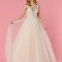 Ballgown Dresses Davinci Bridal 50457 Sheer Plunging Neckline Crystal Ballgown Tulle Wedding Dress