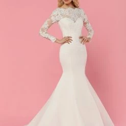 Davinci Bridal 50460 Satin Mermaid Wedding Dress Sheer Lace High Neckline Long Sleeve