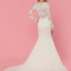 Davinci Bridal 50460 Satin Mermaid Wedding Dress Sheer Lace High Neckline Long Sleeve