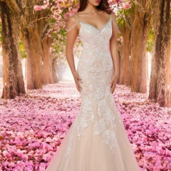 Mermaid Dresses Davinci Bridal 50462 Fitted Mermaid Lace Wedding Dress V Neck Crystal Straps Off Shoulder