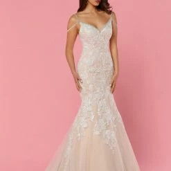 Mermaid Dresses Davinci Bridal 50462 Fitted Mermaid Lace Wedding Dress V Neck Crystal Straps Off Shoulder