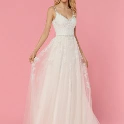 Ballgown Dresses Davinci Bridal 50464 Lace Embellished A Line Wedding Dress V Neck Tulle Crystal Belt