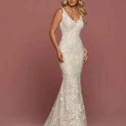 Davinci Bridal 50486 Fitted Lace Mermaid Wedding Dress V Neck Sheer Back Gown Mermaid Dresses