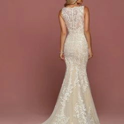 Davinci Bridal 50486 Fitted Lace Mermaid Wedding Dress V Neck Sheer Back Gown Mermaid Dresses
