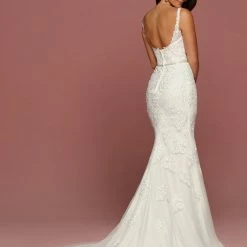 Davinci Bridal 50493 Fitted Lace Mermaid Wedding Dress Plunging Neck Crystal Belt Mermaid Dresses