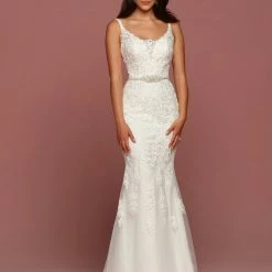 Davinci Bridal 50493 Fitted Lace Mermaid Wedding Dress Plunging Neck Crystal Belt Mermaid Dresses