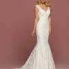 Davinci Bridal 50507 Fit & Flare Lace Mermaid Wedding Dress Sheer Illusion Straps V Neck Mermaid Dresses