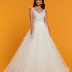 Ballgown Dresses Davinci Bridal 50514 Floral Lace Tulle Ballgown Wedding Dress V Neck Buttons Sheer