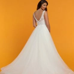 Ballgown Dresses Davinci Bridal 50514 Floral Lace Tulle Ballgown Wedding Dress V Neck Buttons Sheer