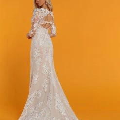 Davinci Bridal 50516 Sheer Lace Fitted Fit Flare Mermaid Wedding Dress Sleeves Illusion Mermaid Dresses