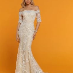 Davinci Bridal 50529 Fitted Mermaid Wedding Dress Sheer Off Shoulder Lace Sleeves Mermaid Dresses