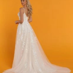 Davinci Bridal 50536 Embellished Lace A Line Wedding Dress V Neck Open Back