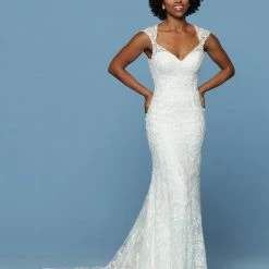 Davinci Bridal 50546 Embroidered Tulle Fitted Mermaid Wedding Dress Keyhole Back Cap Sleeve