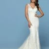 Mermaid Dresses Davinci Bridal 50549 Lace Mermaid Fit Flare Wedding Dress Sheer Illusion Back Train