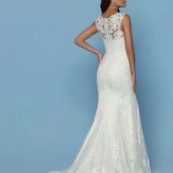 Mermaid Dresses Davinci Bridal 50549 Lace Mermaid Fit Flare Wedding Dress Sheer Illusion Back Train