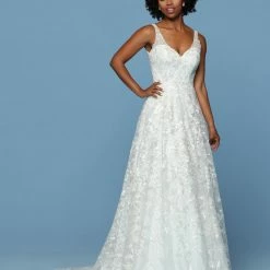 Ballgown Dresses Davinci Bridal 50554 Embroidered Lace A Line Ballgown V Neck Wedding Dress V Back