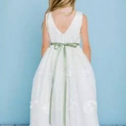 Rosebuds 5128 Long Flower Girl Dress 3d Floral Applique Skirt Belt Long Sleeve Dresses