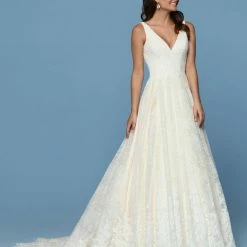Davinci Bridal 50570 All Over Lace V Neck Wedding Dress Corset Train Straps Open Back