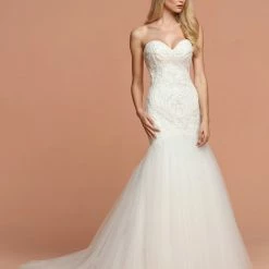 In Stock Mermaid Dresses Davinci Bridal 50575 Size 14 Fitted Mermaid Beaded Tulle Fit Flare Wedding Dress Corset Strapless