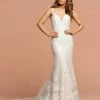 Davinci Bridal 50578 Lace Mermaid V Neck Wedding Dress Sheer Tulle Back Train Mermaid Dresses