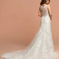 Davinci Bridal 50578 Lace Mermaid V Neck Wedding Dress Sheer Tulle Back Train Mermaid Dresses