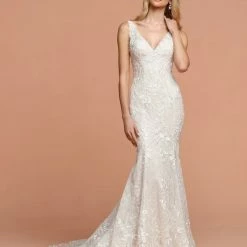 Mermaid Dresses Davinci Bridal 50582 Embellished Lace Fitted Mermaid Wedding Dress V Neck Open Back