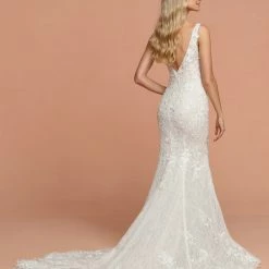 Mermaid Dresses Davinci Bridal 50582 Embellished Lace Fitted Mermaid Wedding Dress V Neck Open Back