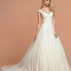 Ballgown Dresses Davinci Bridal 50584 Tulle Ballgown Wedding Dress Lace V Neck Open Back Gown