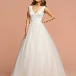 Ballgown Dresses Davinci Bridal 50589 Long Glitter Shimmer Tulle Ballgown Lace Wedding Dress