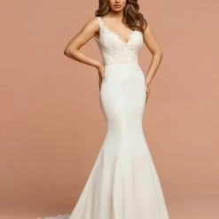 Davinci Bridal 50592 Crepe Mermaid Sheer Lace Wedding Dress Open Back V Neck Gown