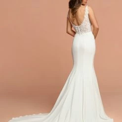 Davinci Bridal 50592 Crepe Mermaid Sheer Lace Wedding Dress Open Back V Neck Gown