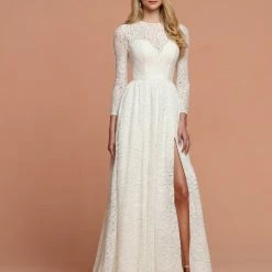 Davinci Bridal 50596 All Over Sheer Lace Long Sleeve Neckline Slit Wedding Dress Sweetheart
