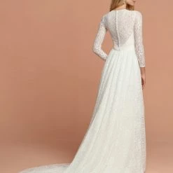 Davinci Bridal 50596 All Over Sheer Lace Long Sleeve Neckline Slit Wedding Dress Sweetheart