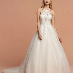 Ballgown Dresses Davinci Bridal 50598 High Neck Sheer Embroidered Tulle Ballgown Wedding Dress Open Back