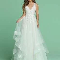 In Stock Davinci Bridal 50601 Size 10 Layered Ballgown Wedding Dress Train Floral Applique Ballgown Dresses