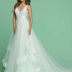 In Stock Davinci Bridal 50601 Size 10 Layered Ballgown Wedding Dress Train Floral Applique Ballgown Dresses