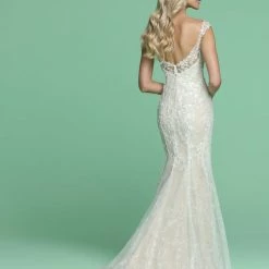 In Stock Davinci Bridal 50602 Size 6 Mermaid Floral Lace Wedding Dress Sheer Button Sequin