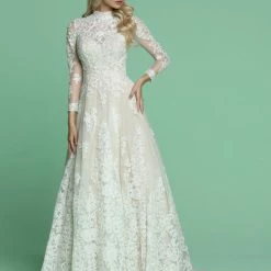 Davinci Bridal 50607 Long Sleeve Sheer Lace A Line Wedding Dress High Neck