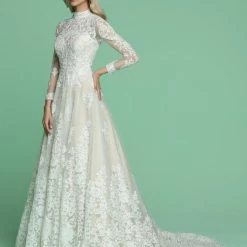 Davinci Bridal 50607 Long Sleeve Sheer Lace A Line Wedding Dress High Neck