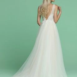 Davinci Bridal 50608 Long Tulle A Line Ballgown Wedding Dress Sheer High Neck