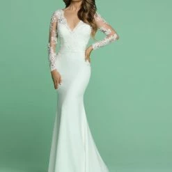 Davinci Bridal 50610 Long Sleeve Sheer Lace Fitted Wedding Dress V Neck Gown Backless Dresses