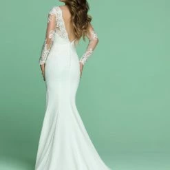 Davinci Bridal 50610 Long Sleeve Sheer Lace Fitted Wedding Dress V Neck Gown Backless Dresses