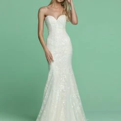 Mermaid Dresses Davinci Bridal 50617 Long Fit & Flare Embroidered Wedding Dress Sheer Lace